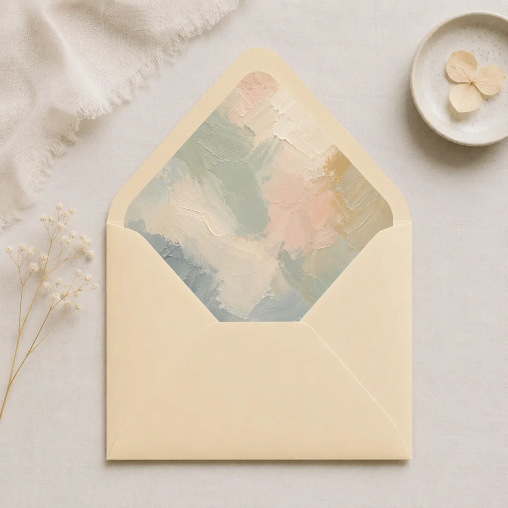 Chamois envelope with Painter's Blush envelope liner featuring textured brushstrokes in sage green, ivory, blush, beige, muted blue, and soft gold for elegant wedding invitations.