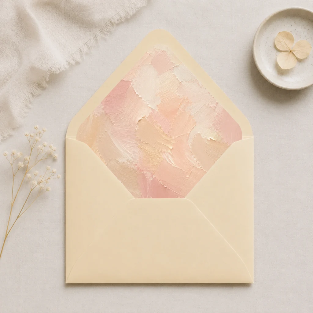 Chamois envelope with the Champagne Canvas envelope liner featuring soft painterly brushstrokes in champagne, blush pink, ivory, and warm cream, styled for elegant wedding invitations.
