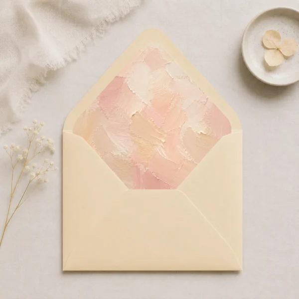 Chamois envelope with the Champagne Canvas envelope liner featuring soft painterly brushstrokes in champagne, blush pink, ivory, and warm cream, styled for elegant wedding invitations.