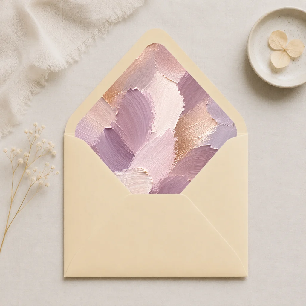 Chamois envelope with the Lavender Canvas envelope liner featuring textured painterly brushstrokes in lavender, mauve, champagne, ivory, blush pink, and warm taupe, styled for elegant wedding invitations.