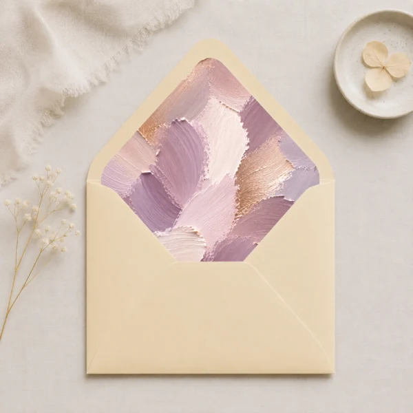 Chamois envelope with the Lavender Canvas envelope liner featuring textured painterly brushstrokes in lavender, mauve, champagne, ivory, blush pink, and warm taupe, styled for elegant wedding invitations.