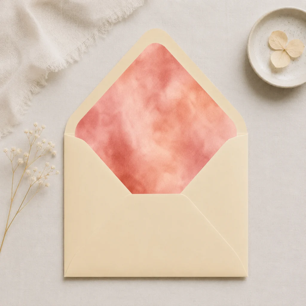 Chamois envelope with the Terracotta Blush envelope liner featuring a soft watercolor blend of terracotta, coral, blush pink, peach, and warm rose tones, styled for elegant wedding invitations.