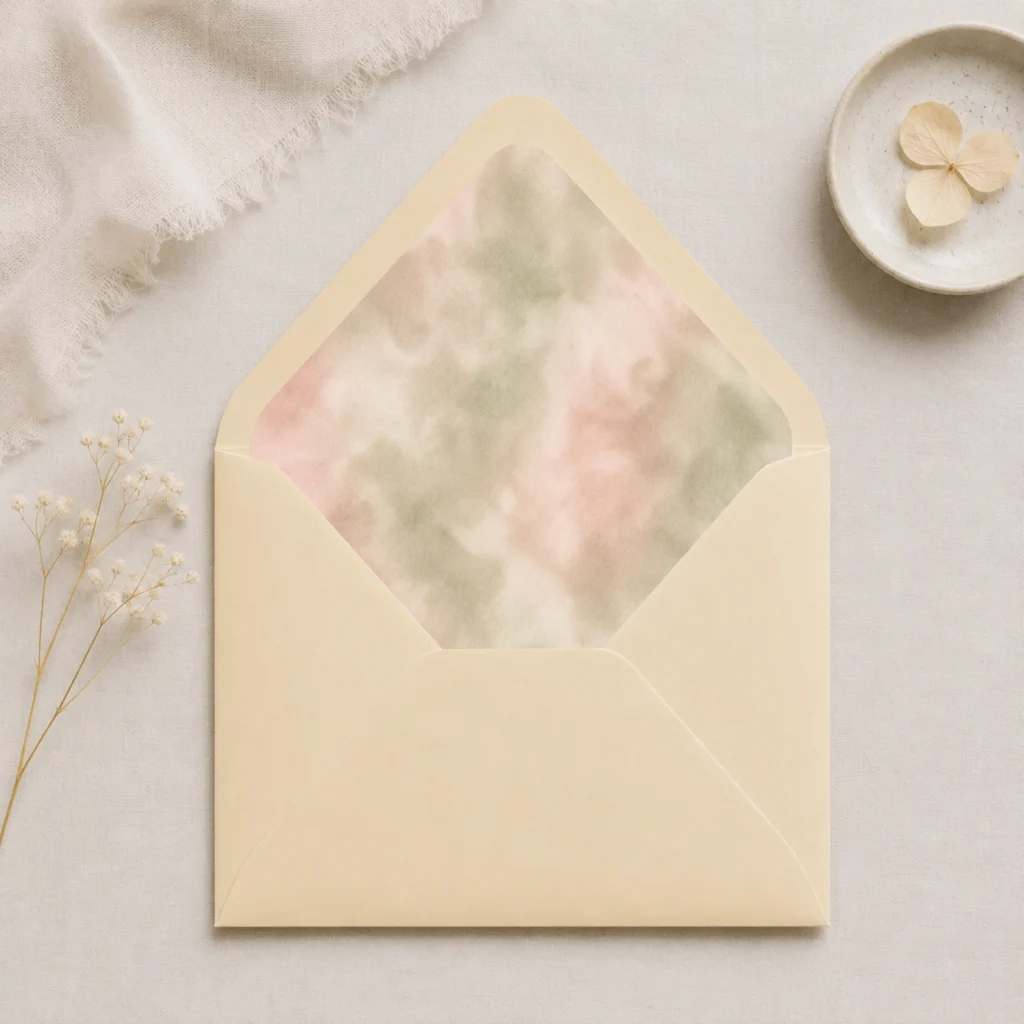 Chamois envelope with the Sage Blush Envelope Liner Template featuring soft watercolor sage green, blush pink, cream, and beige tones for elegant wedding invitations.