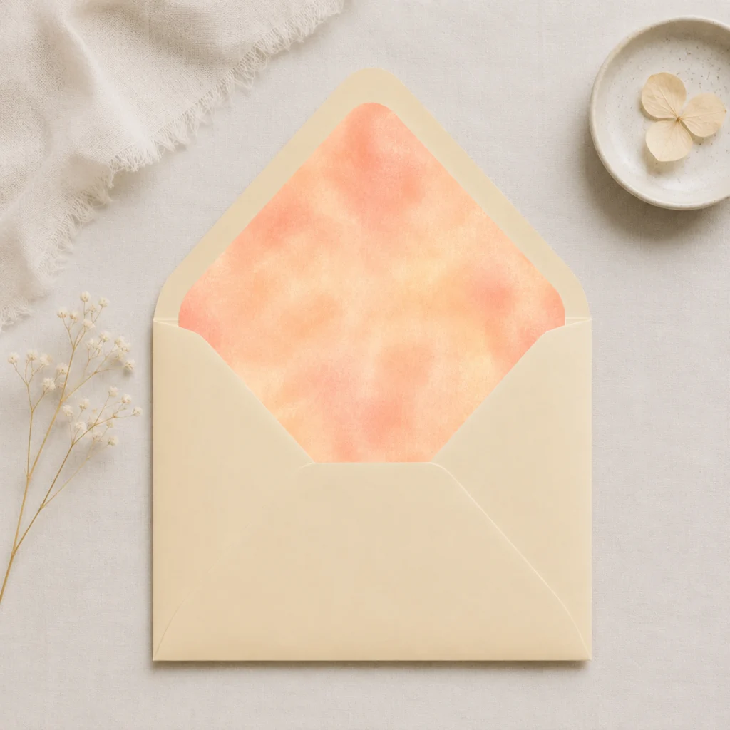 Chamois envelope featuring the Champagne Peach Envelope Liner Template with soft peach and champagne watercolor design for elegant wedding invitations.