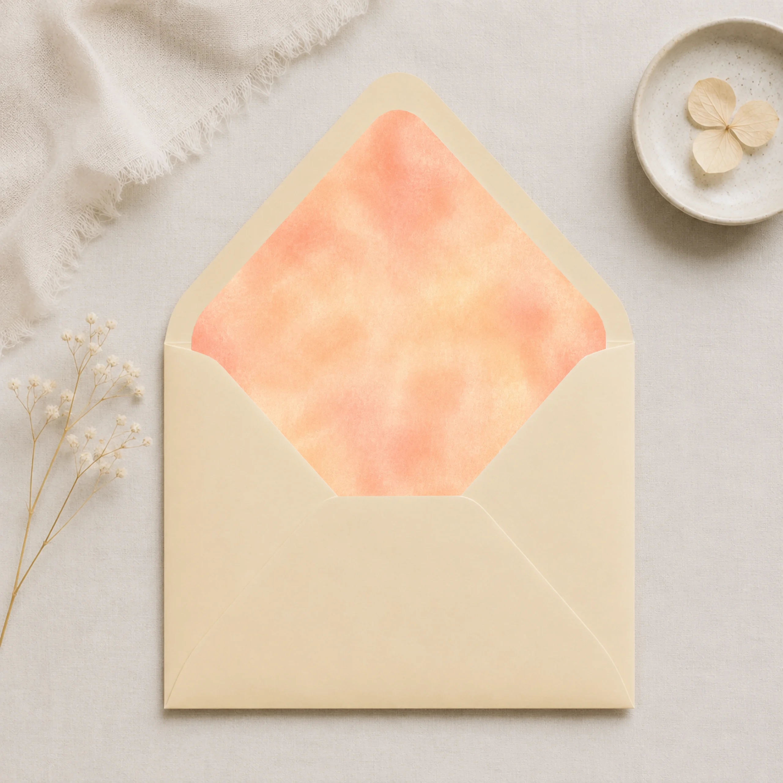 Chamois envelope featuring the Champagne Peach Envelope Liner Template with soft peach and champagne watercolor design for elegant wedding invitations.