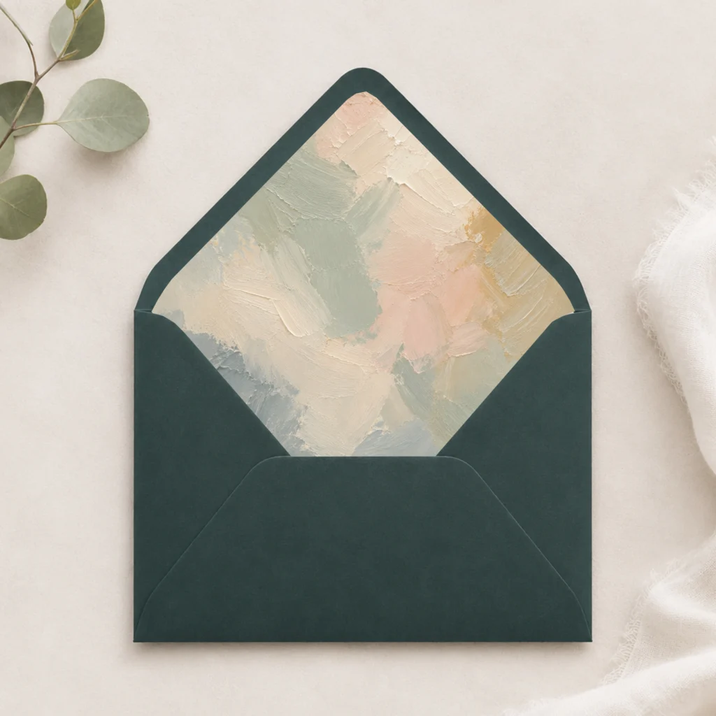 Dark Green envelope with Painter's Blush envelope liner featuring textured brushstrokes in sage green, ivory, blush, beige, muted blue, and soft gold for elegant wedding invitations.
