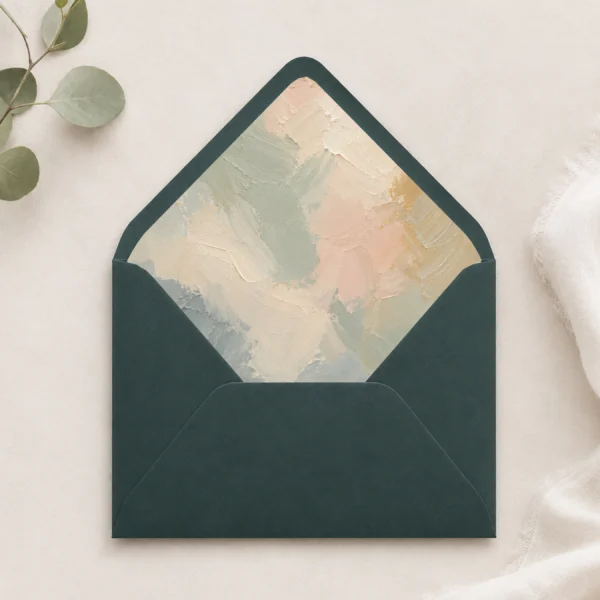 Dark Green envelope with Painter's Blush envelope liner featuring textured brushstrokes in sage green, ivory, blush, beige, muted blue, and soft gold for elegant wedding invitations.