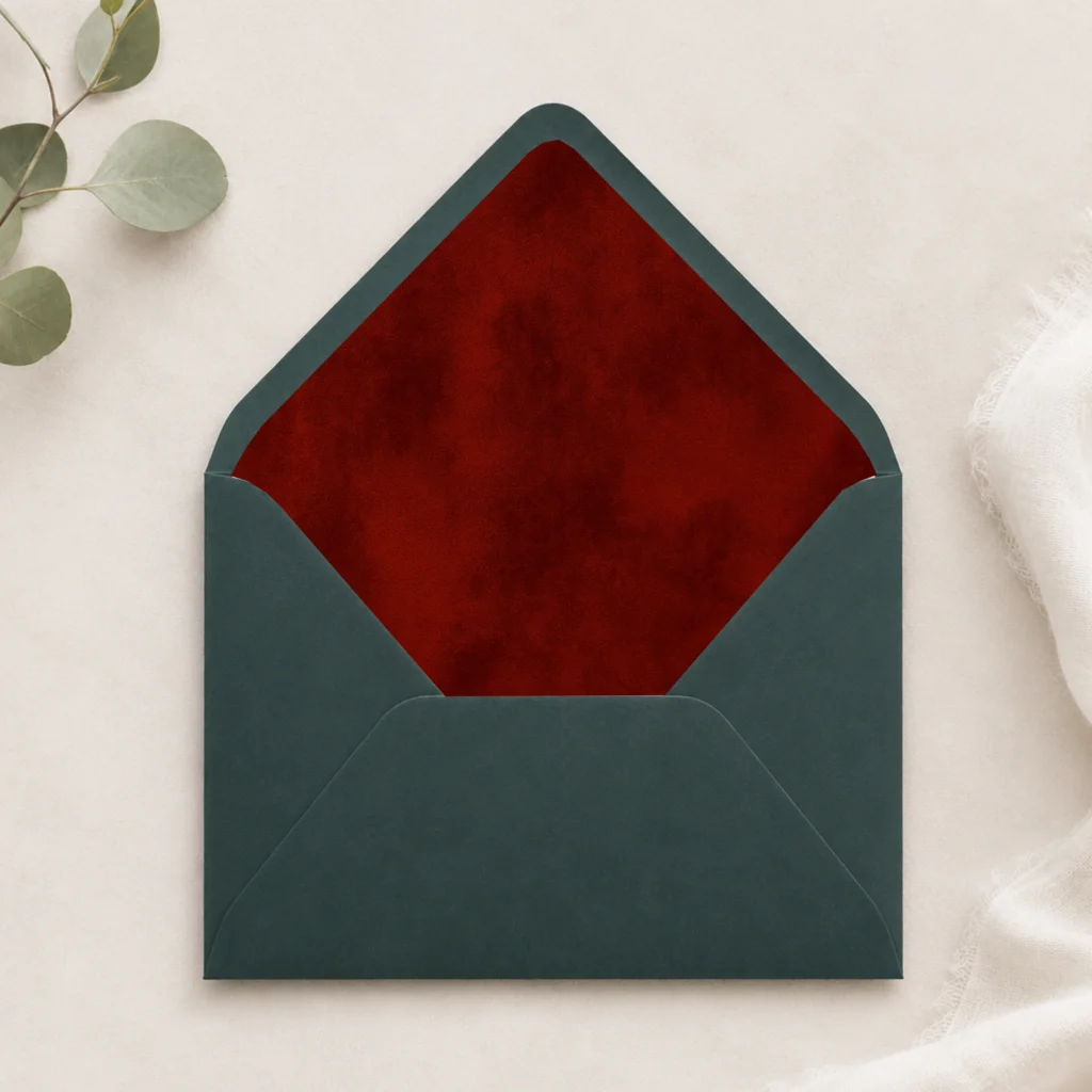 Donkergroen (Dark Green) envelope with the Burgundy Velvet Envelope Liner Template featuring a rich deep burgundy watercolor texture for elegant wedding invitations.