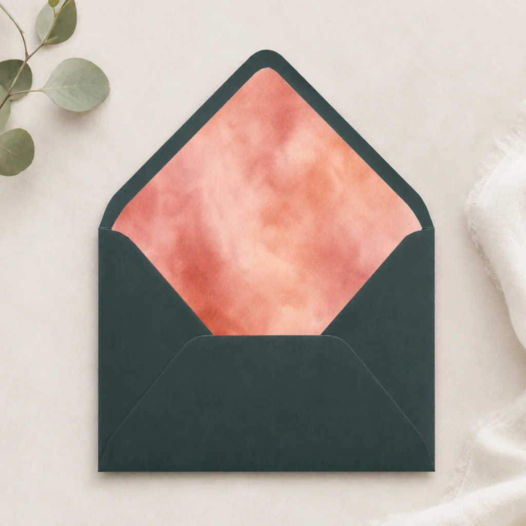 Dark Green envelope with the Terracotta Blush envelope liner featuring a soft watercolor blend of terracotta, coral, blush pink, peach, and warm rose tones, styled for elegant wedding invitations.