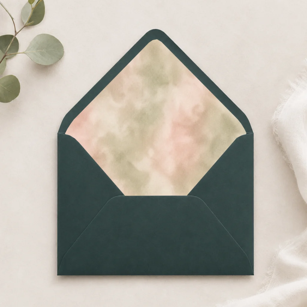 Dark Green envelope with the Sage Blush Envelope Liner Template featuring soft watercolor sage green, blush pink, cream, and beige tones for elegant wedding invitations.