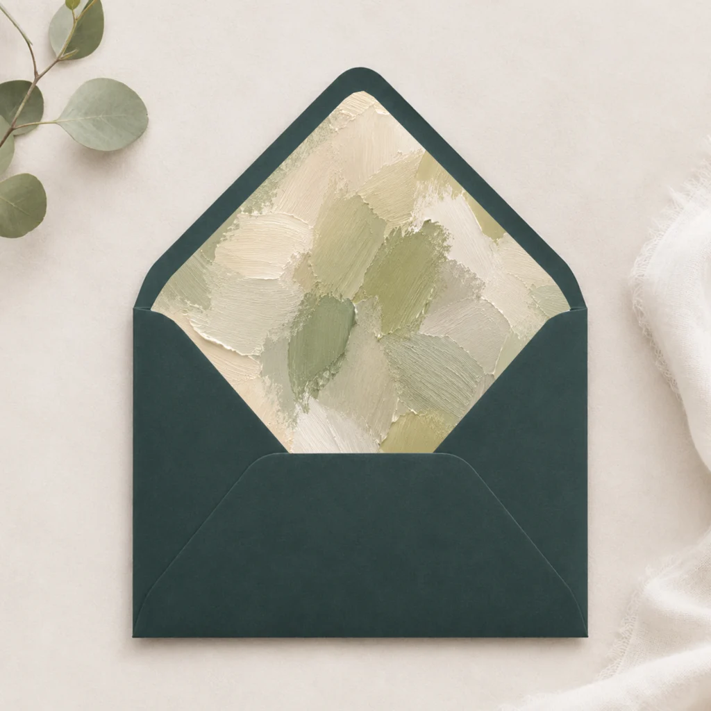 Dark green envelope featuring the Sage Canvas Envelope Liner Template with textured sage green, olive, ivory, and cream brushstroke artwork for elegant wedding invitations.