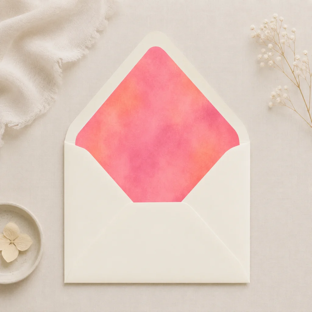 Blush Velvet envelope liner inside an ivory Euro flap envelope, creating a soft and elegant combination for wedding invitations and luxury stationery.