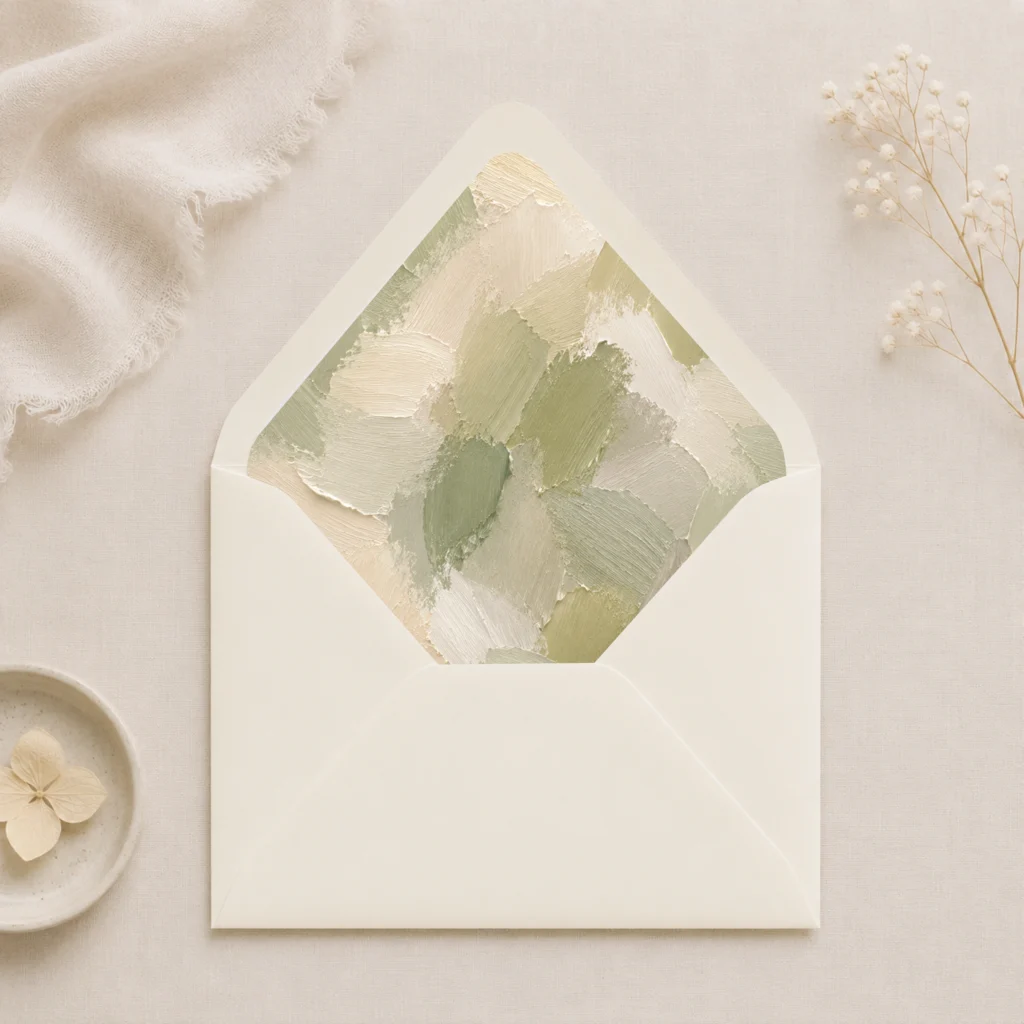 Ivory envelope featuring the Sage Canvas Envelope Liner Template with textured sage green, ivory, cream, and olive brushstroke artwork for elegant wedding invitations.