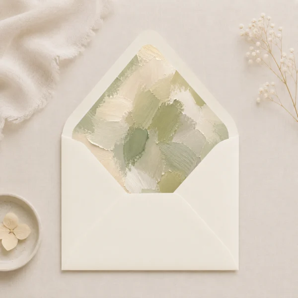 Ivory envelope featuring the Sage Canvas Envelope Liner Template with textured sage green, ivory, cream, and olive brushstroke artwork for elegant wedding invitations.