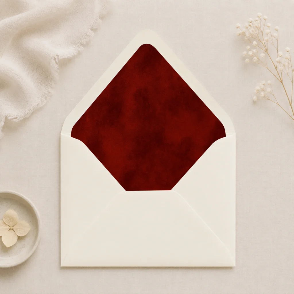 Ivoor (Ivory) envelope with the Burgundy Velvet Envelope Liner Template featuring a rich deep burgundy watercolor texture for elegant wedding invitations.