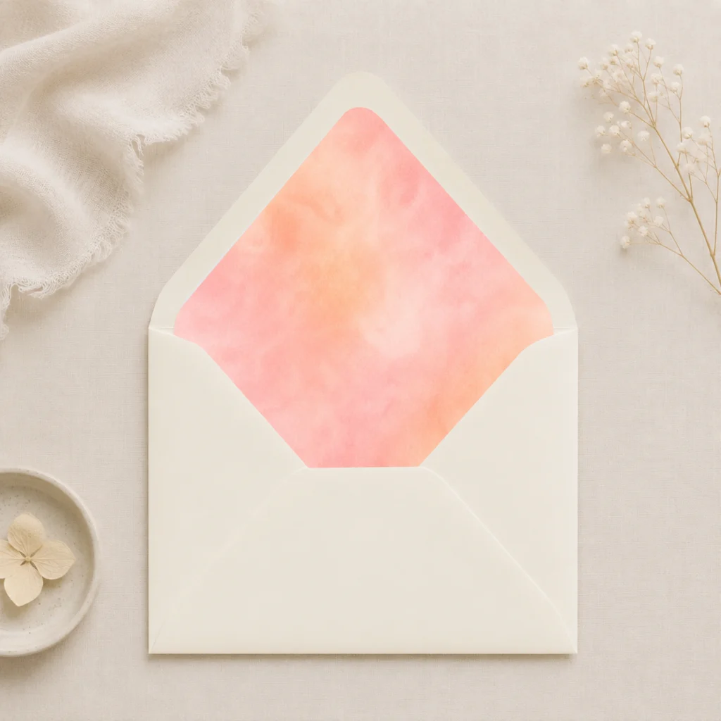 Ivory envelope with Apricot Blush watercolor envelope liner in soft peach and blush tones, creating an elegant and romantic wedding invitation presentation.