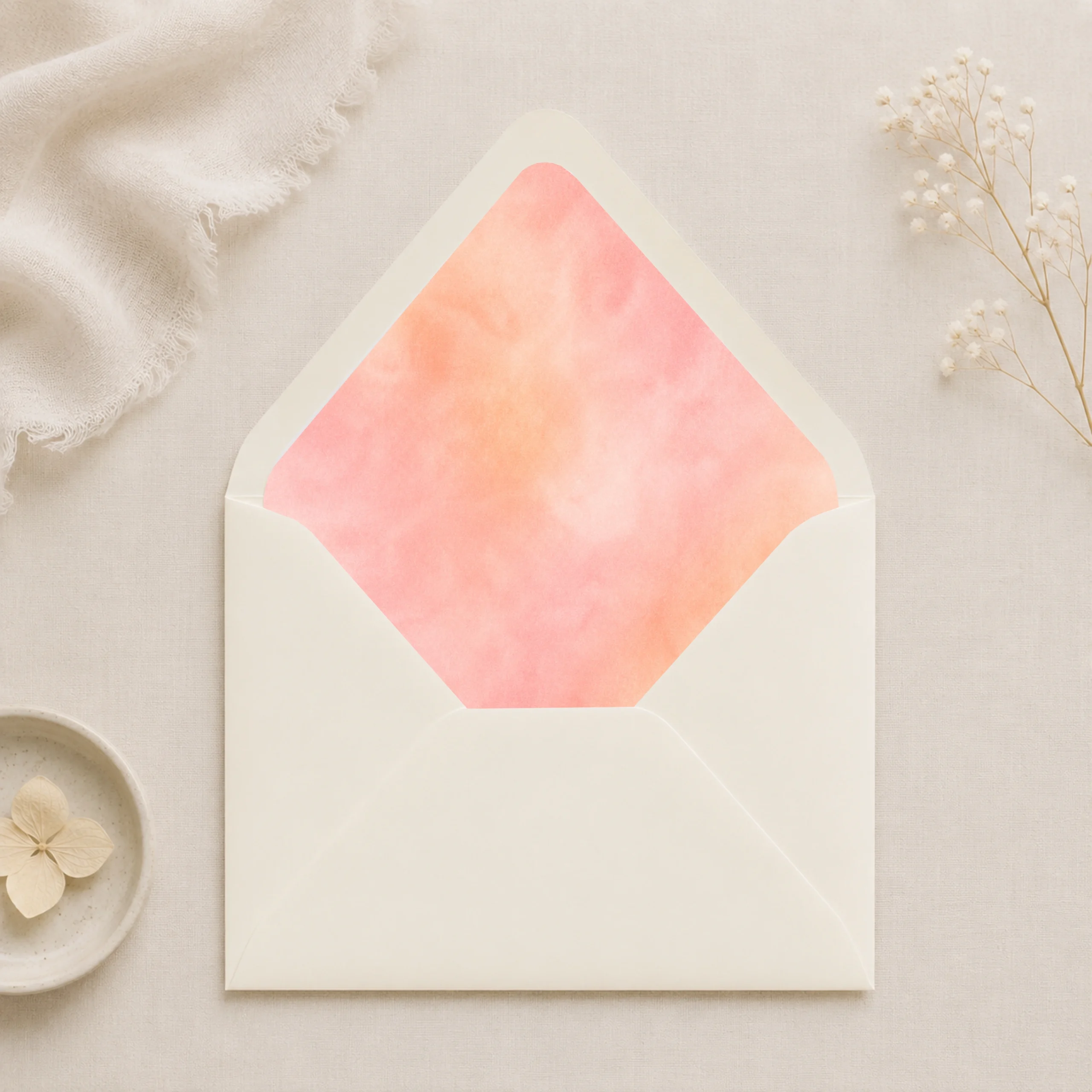 Ivory envelope with Apricot Blush watercolor envelope liner in soft peach and blush tones, creating an elegant and romantic wedding invitation presentation.