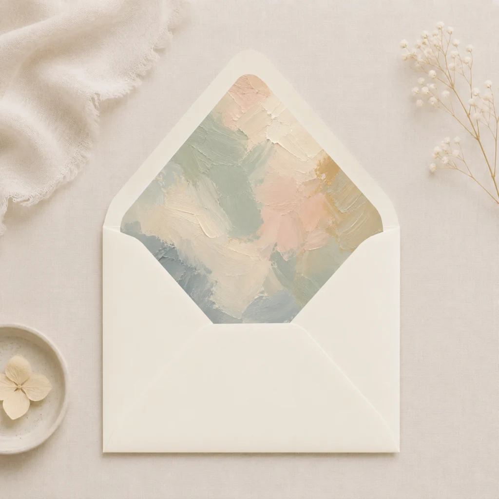 Ivory envelope with Painter's Blush envelope liner featuring textured brushstrokes in sage green, ivory, blush, beige, muted blue, and soft gold for elegant wedding invitations.