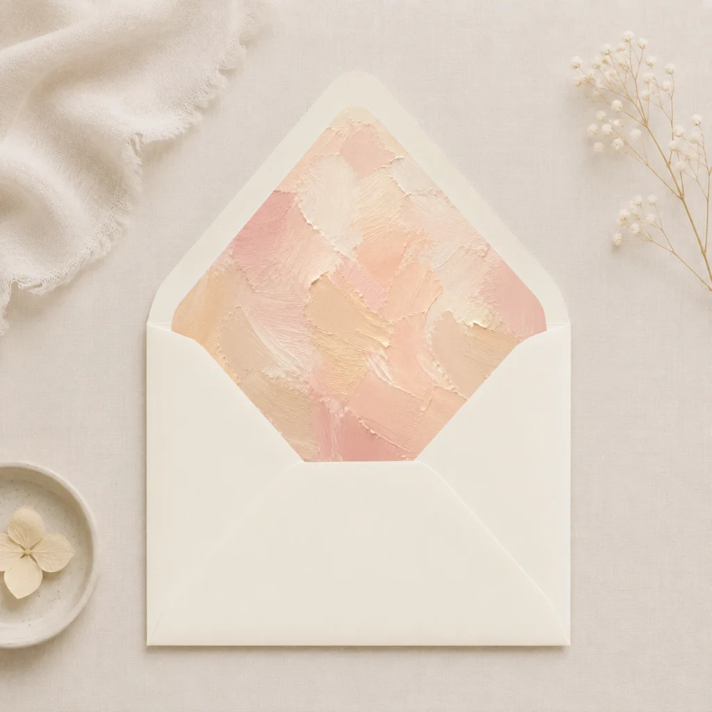 Ivory envelope with the Champagne Canvas envelope liner featuring painterly brushstrokes in champagne, blush pink, ivory, and warm cream, styled for elegant wedding invitations.