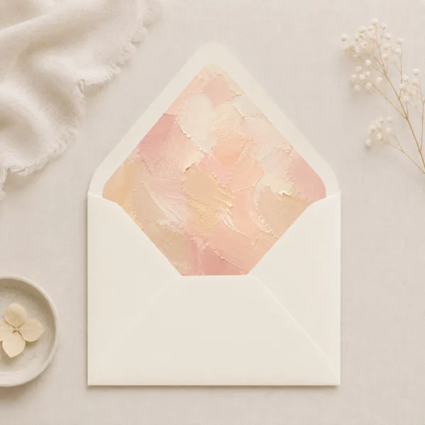 Ivory envelope with the Champagne Canvas envelope liner featuring painterly brushstrokes in champagne, blush pink, ivory, and warm cream, styled for elegant wedding invitations.