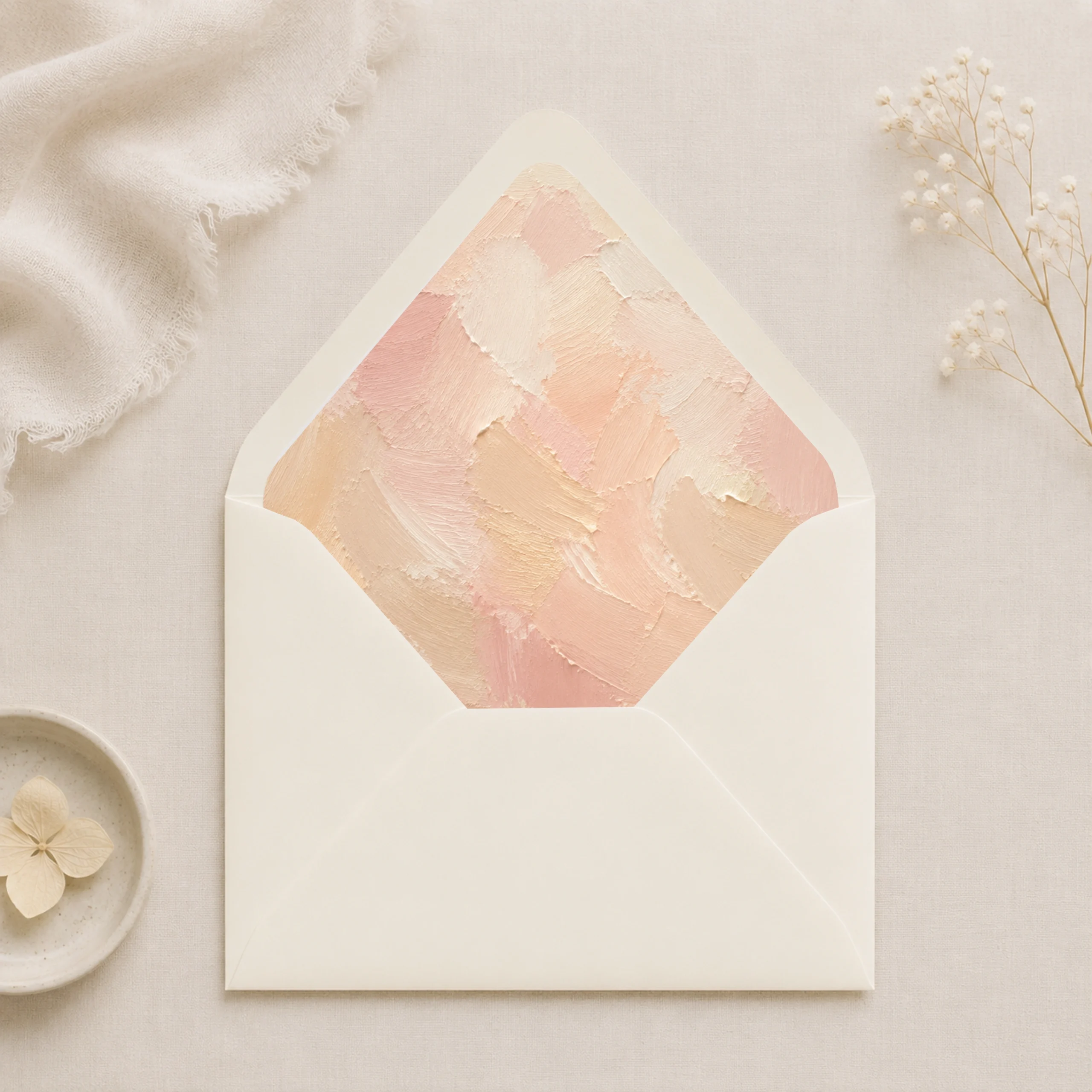 Ivory envelope with the Champagne Canvas envelope liner featuring painterly brushstrokes in champagne, blush pink, ivory, and warm cream, styled for elegant wedding invitations.