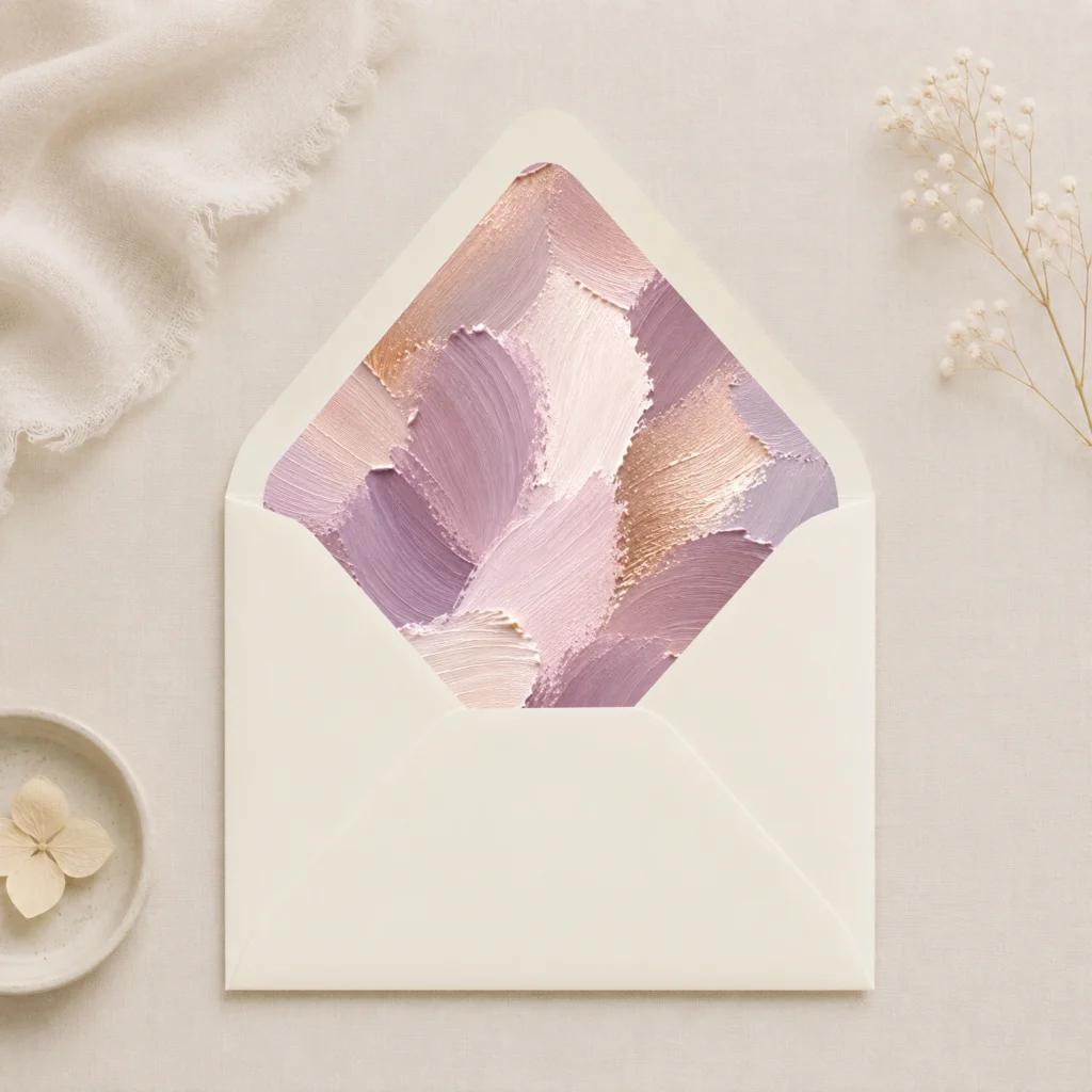 Ivoor (Ivory) envelope with the Lavender Canvas envelope liner featuring textured painterly brushstrokes in lavender, mauve, champagne, ivory, blush pink, and warm taupe, styled for elegant wedding invitations.