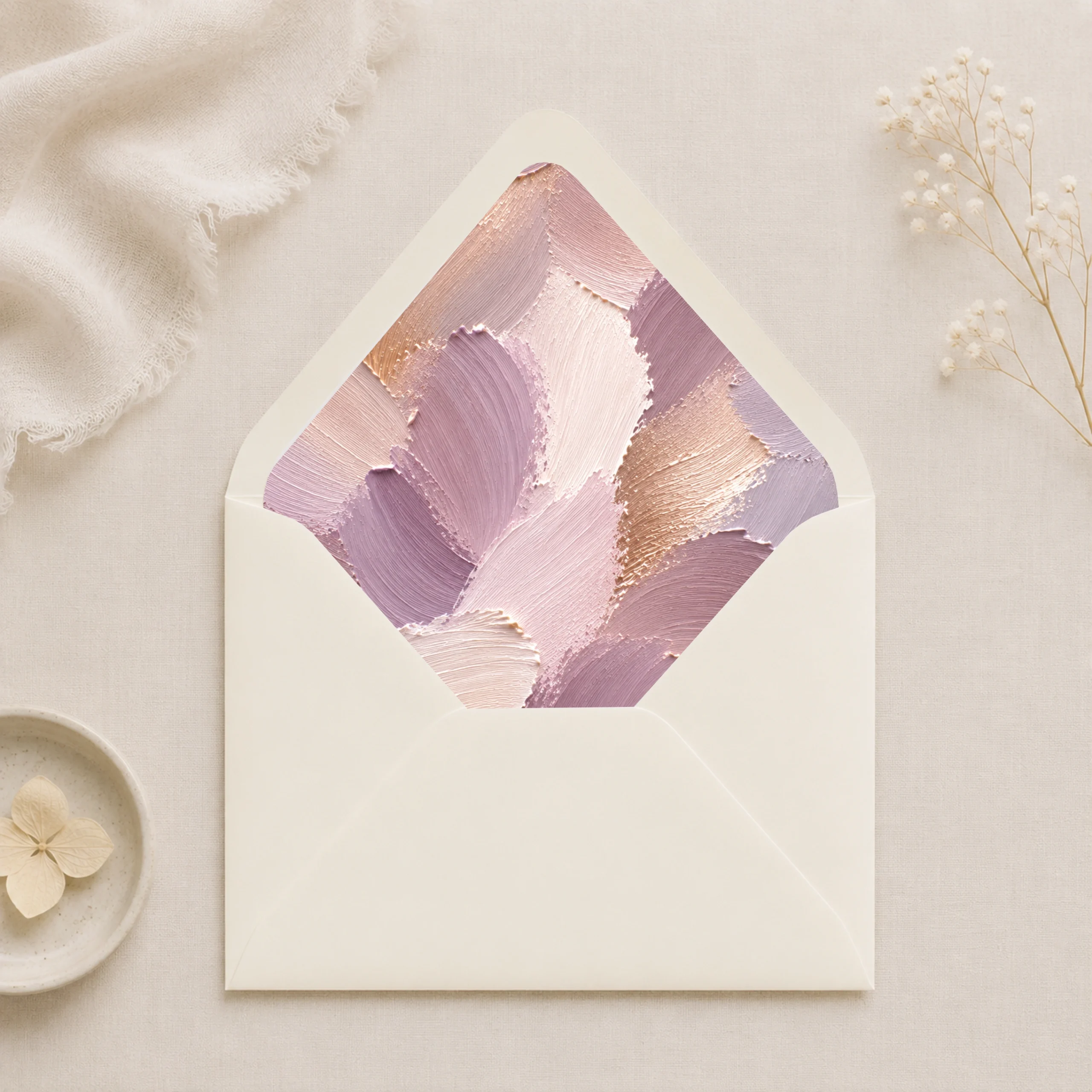 Ivoor (Ivory) envelope with the Lavender Canvas envelope liner featuring textured painterly brushstrokes in lavender, mauve, champagne, ivory, blush pink, and warm taupe, styled for elegant wedding invitations.