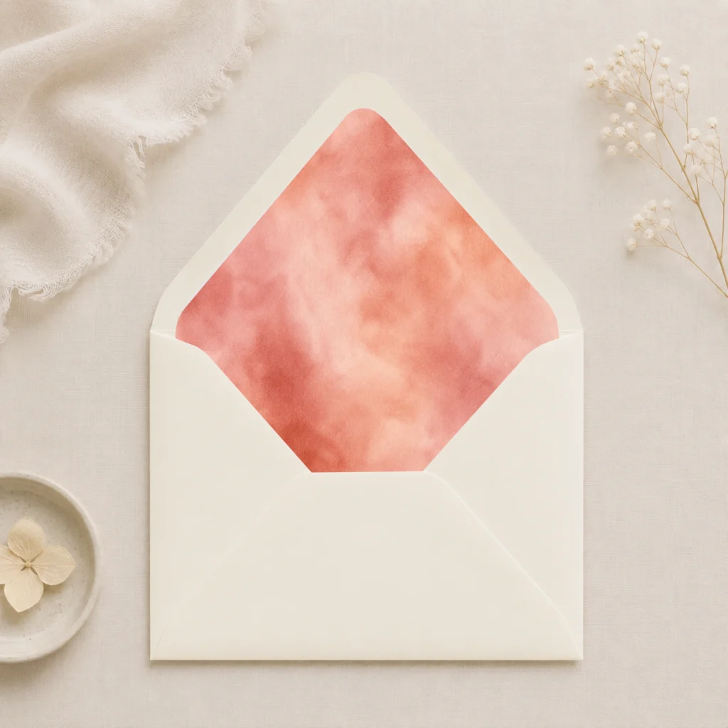 Ivory envelope with the Terracotta Blush envelope liner featuring a soft watercolor blend of terracotta, coral, blush pink, peach, and warm rose tones, styled for elegant wedding invitations.