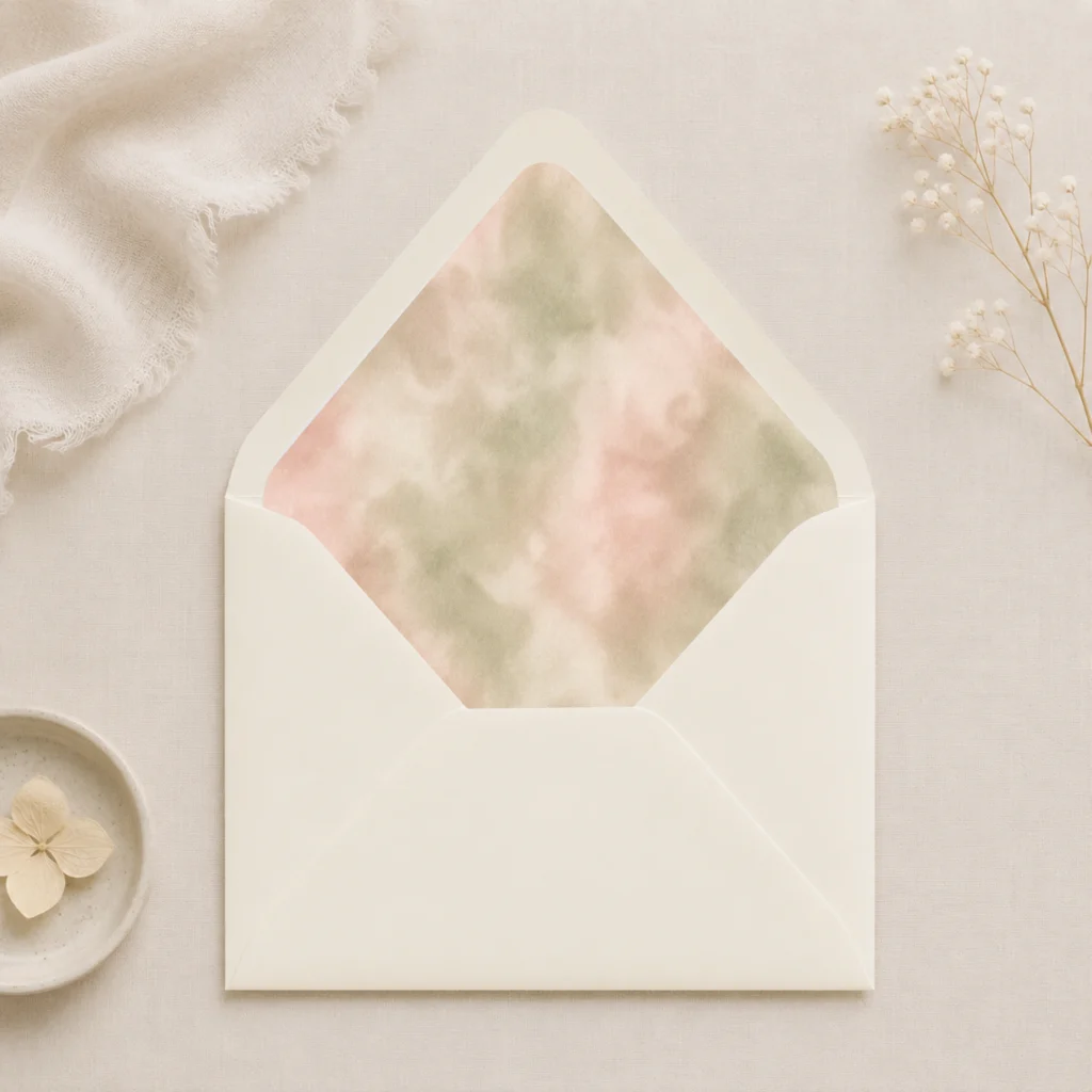 Ivory envelope with the Sage Blush Envelope Liner Template featuring soft watercolor sage green, blush pink, cream, and beige tones for elegant wedding invitations.