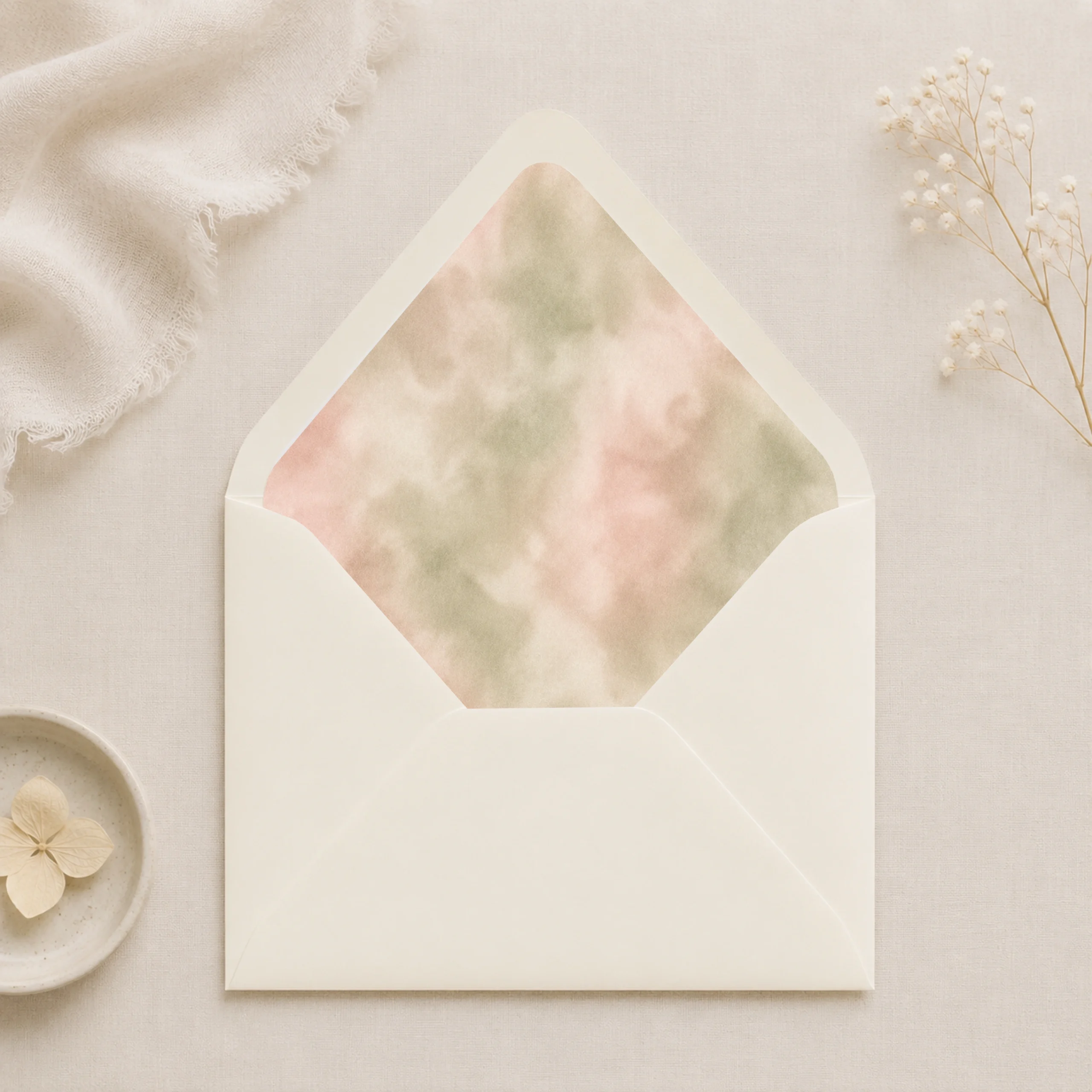 Ivory envelope with the Sage Blush Envelope Liner Template featuring soft watercolor sage green, blush pink, cream, and beige tones for elegant wedding invitations.