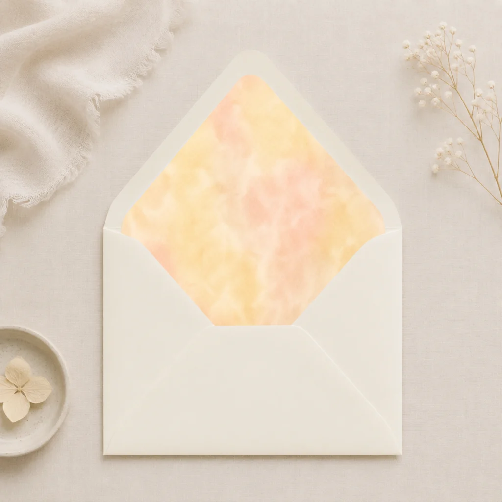 Butter Blush Envelope Liner Template displayed inside an Ivory envelope with soft butter yellow and blush watercolor design for elegant wedding invitations.