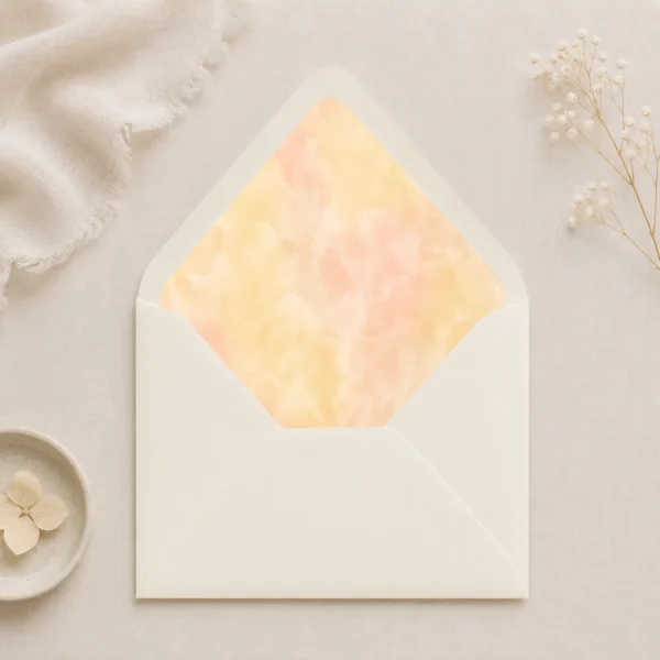 Butter Blush Envelope Liner Template displayed inside an Ivory envelope with soft butter yellow and blush watercolor design for elegant wedding invitations.