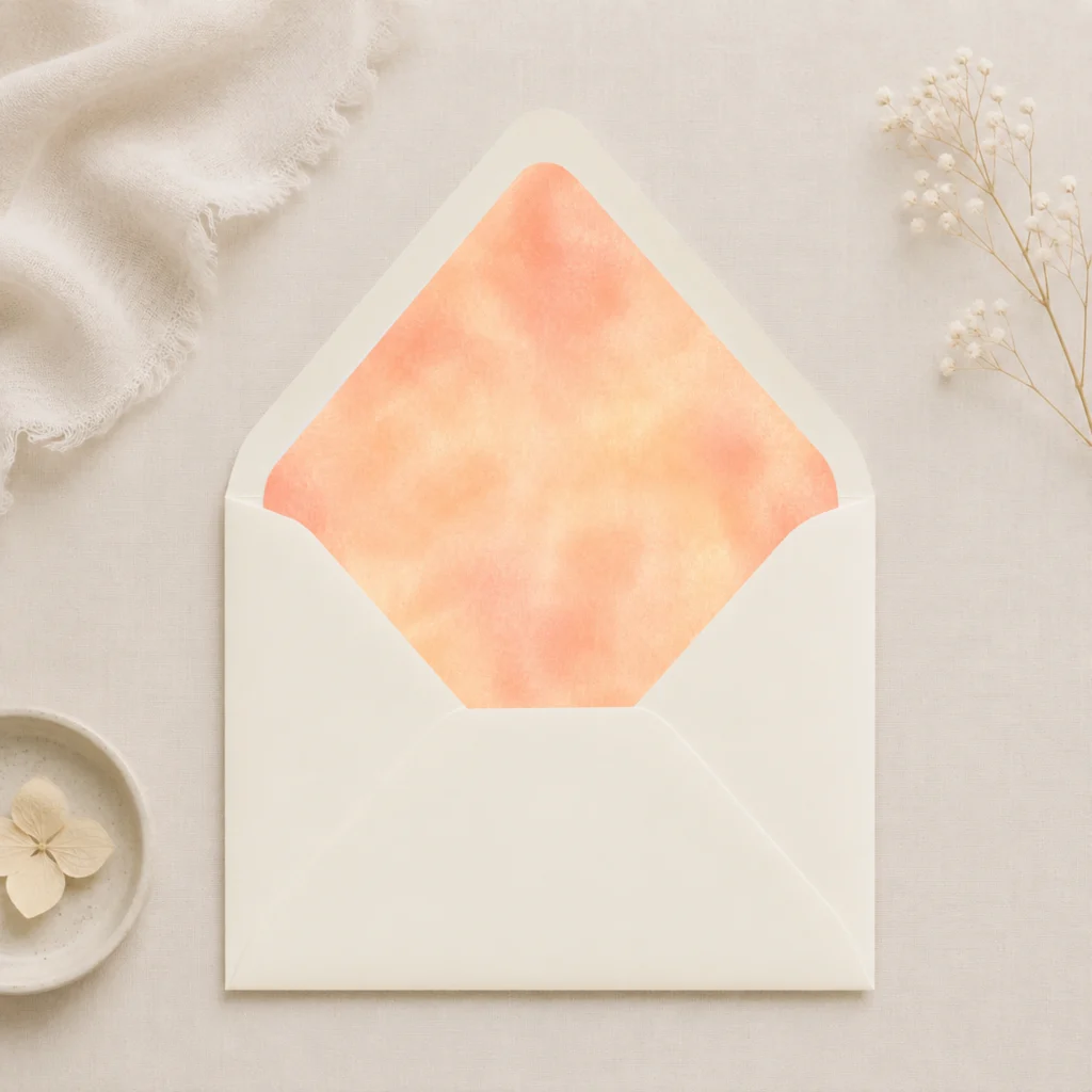 Ivory envelope featuring the Champagne Peach Envelope Liner Template with soft champagne and peach watercolor artwork for elegant wedding invitations.