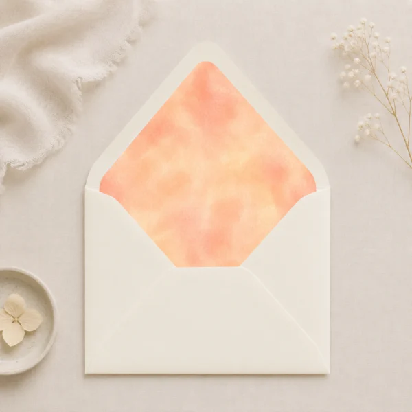 Ivory envelope featuring the Champagne Peach Envelope Liner Template with soft champagne and peach watercolor artwork for elegant wedding invitations.
