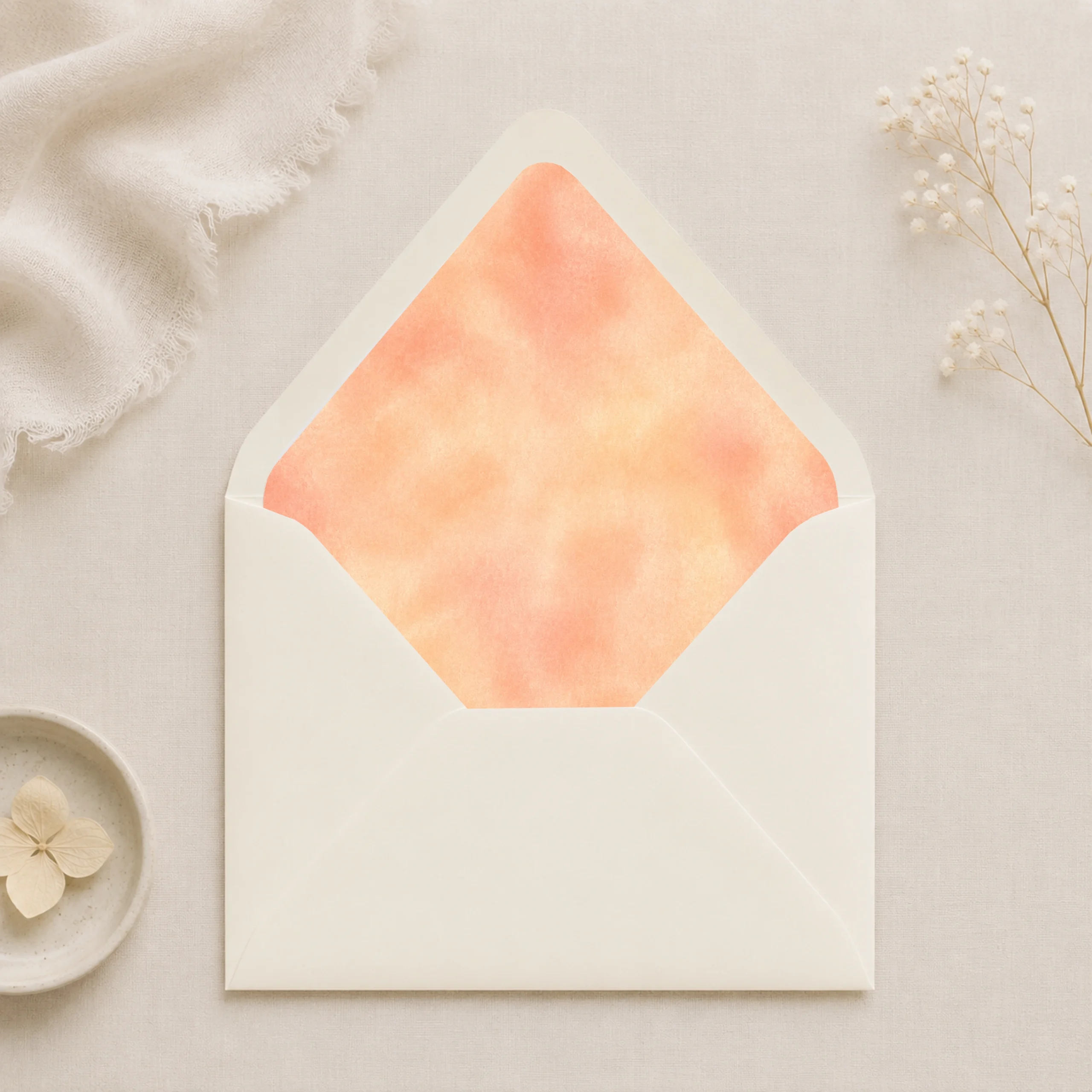 Ivory envelope featuring the Champagne Peach Envelope Liner Template with soft champagne and peach watercolor artwork for elegant wedding invitations.