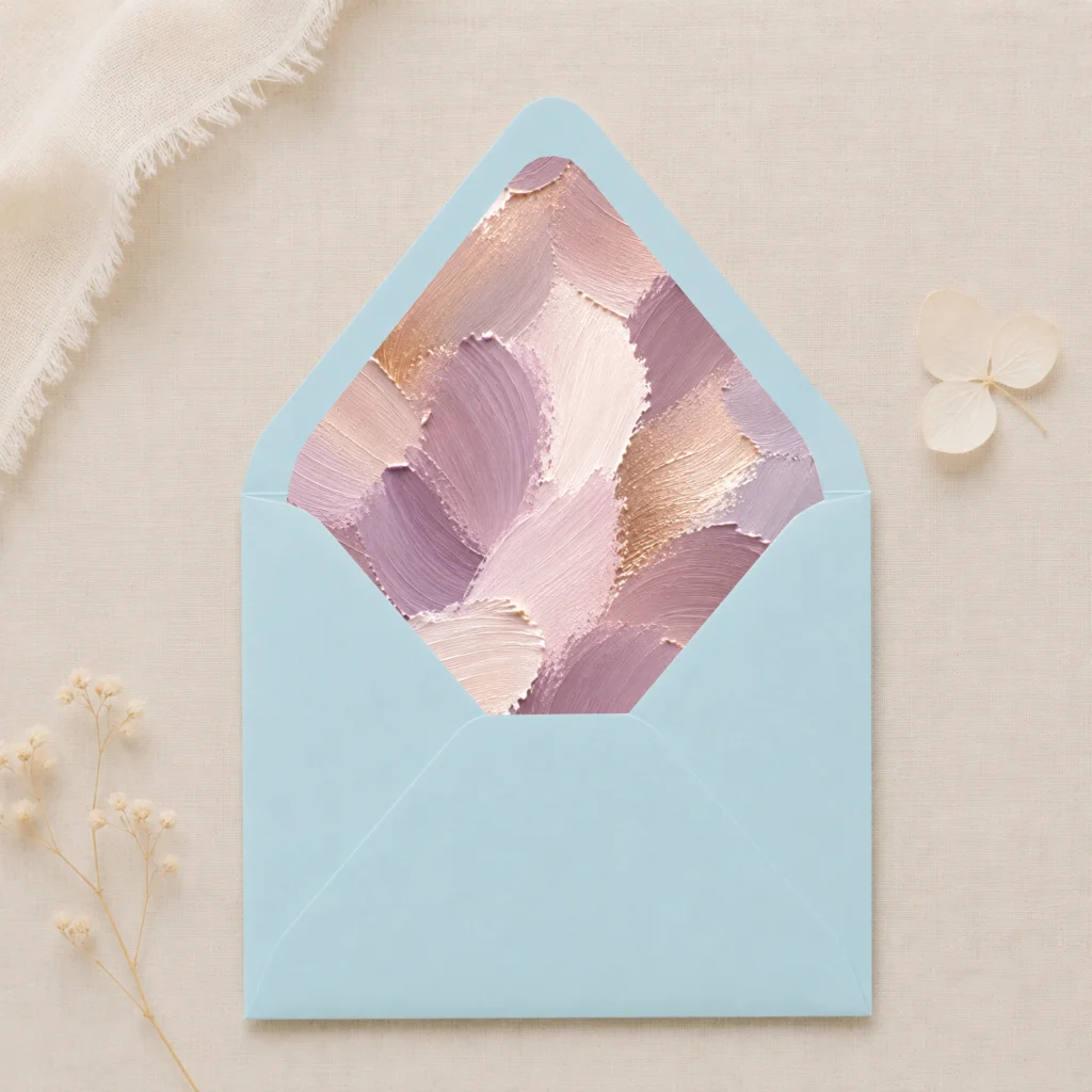 Laguneblauw (Lagoon Blue) envelope with the Lavender Canvas envelope liner featuring textured painterly brushstrokes in lavender, mauve, champagne, blush pink, ivory, and warm taupe, styled for elegant wedding invitations.