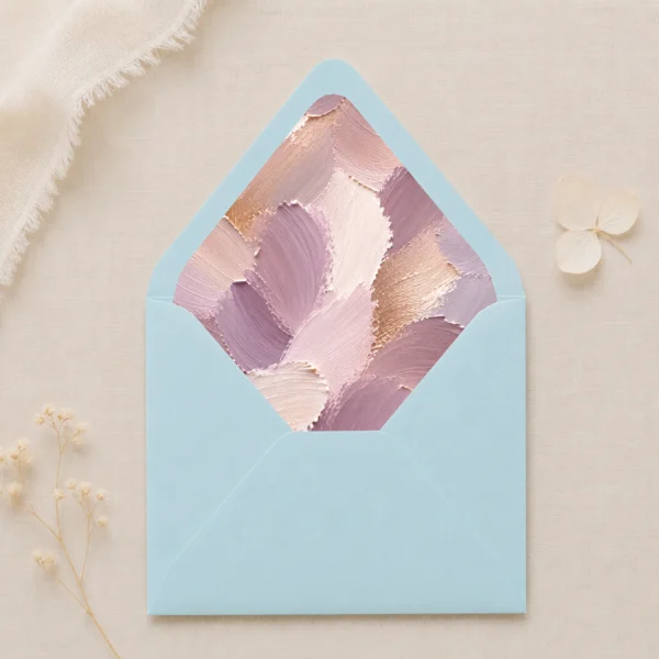 Laguneblauw (Lagoon Blue) envelope with the Lavender Canvas envelope liner featuring textured painterly brushstrokes in lavender, mauve, champagne, blush pink, ivory, and warm taupe, styled for elegant wedding invitations.