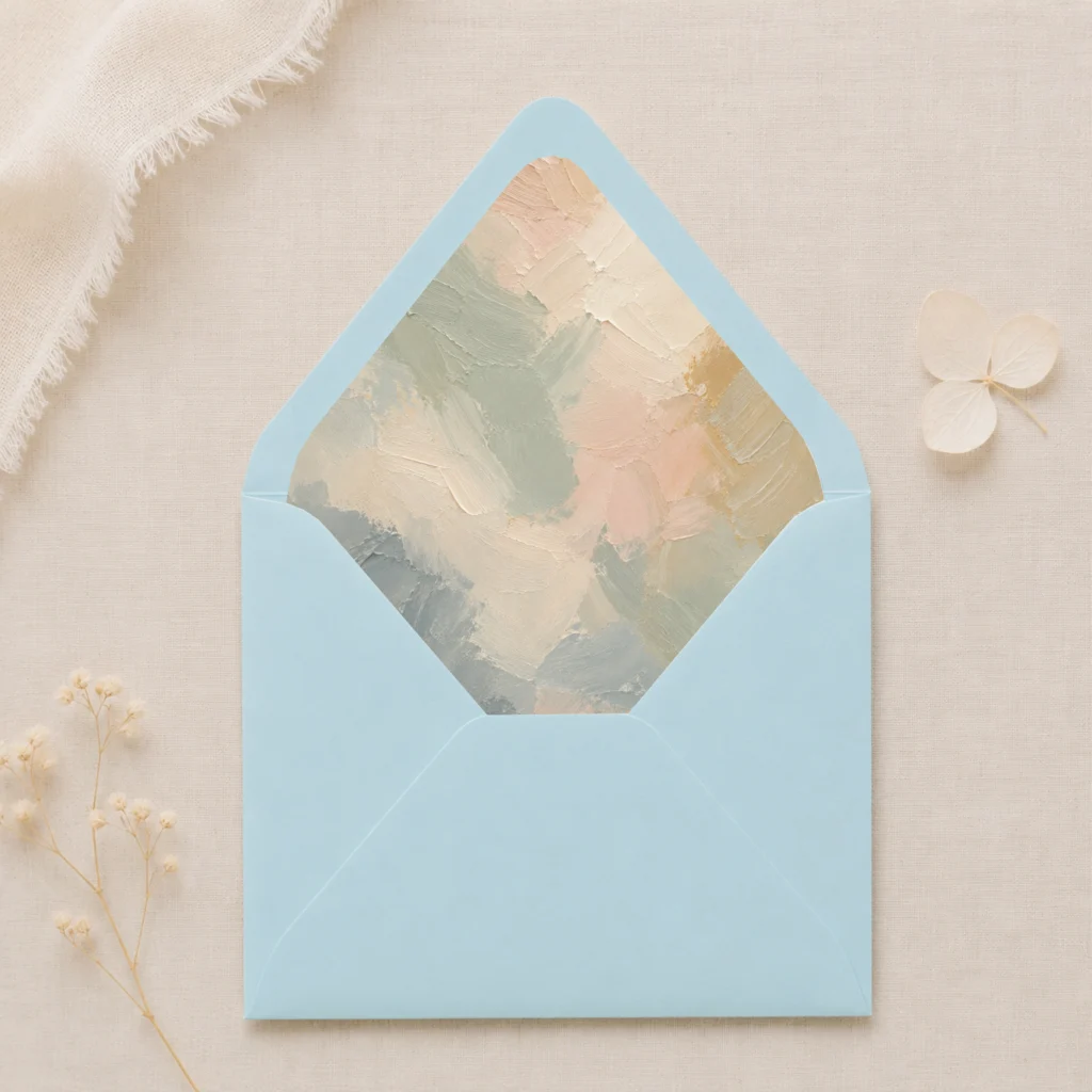 Lagoon Blue envelope with Painter's Blush envelope liner featuring textured brushstrokes in sage green, ivory, blush, beige, muted blue, and soft gold for elegant wedding invitations.