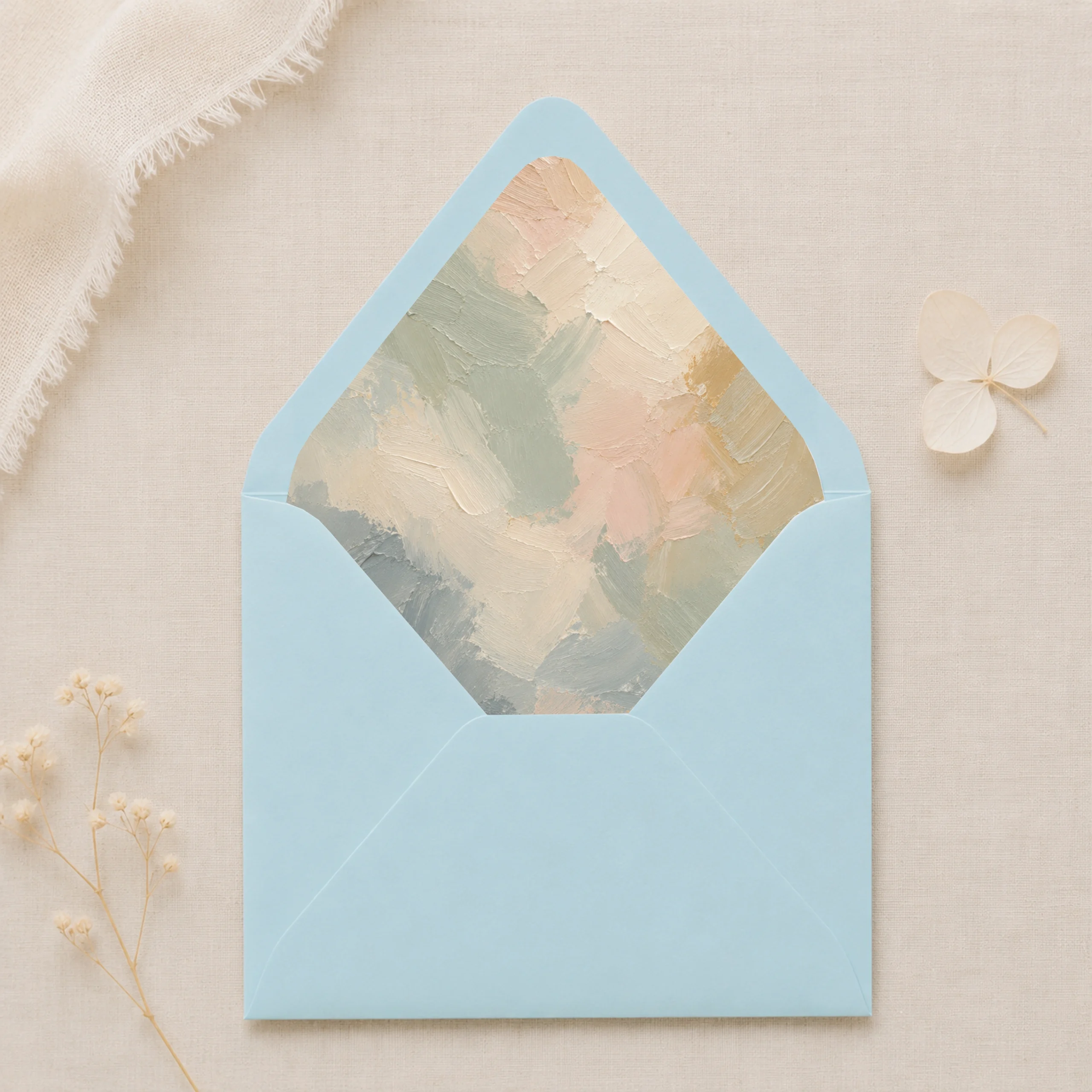 Lagoon Blue envelope with Painter's Blush envelope liner featuring textured brushstrokes in sage green, ivory, blush, beige, muted blue, and soft gold for elegant wedding invitations.