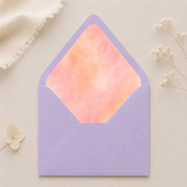 Lavender envelope with Apricot Blush watercolor envelope liner in soft apricot, peach, and blush tones, creating a romantic and elegant wedding invitation presentation.