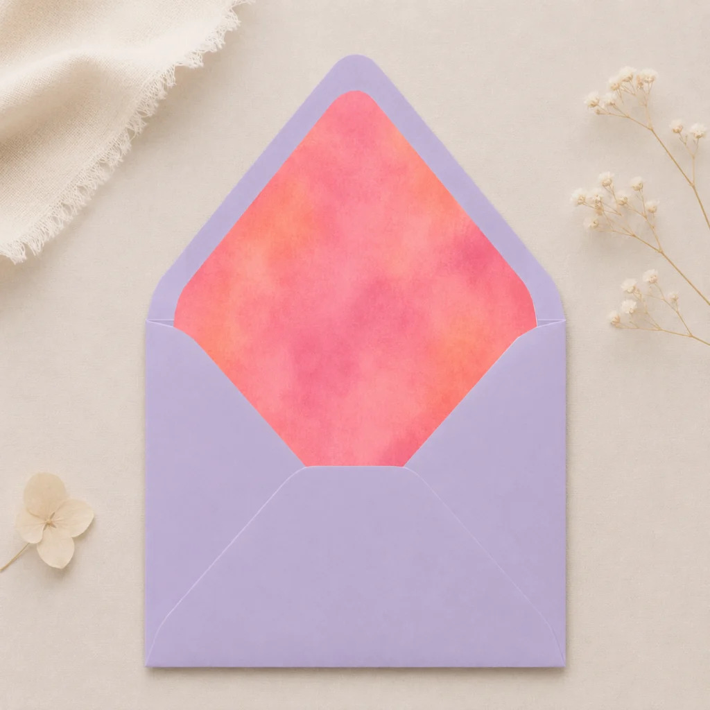 Blush Velvet envelope liner inside a lavender Euro flap envelope, creating a soft and romantic look for wedding invitations and elegant stationery.