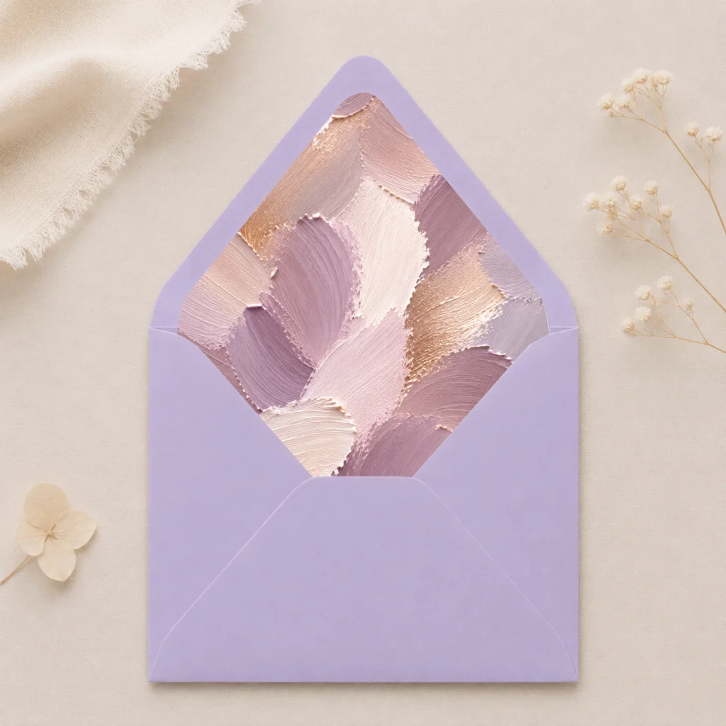 Lavendel (Lavender) envelope with the Lavender Canvas envelope liner featuring textured painterly brushstrokes in lavender, mauve, champagne, ivory, blush pink, and warm taupe, styled for elegant wedding invitations.