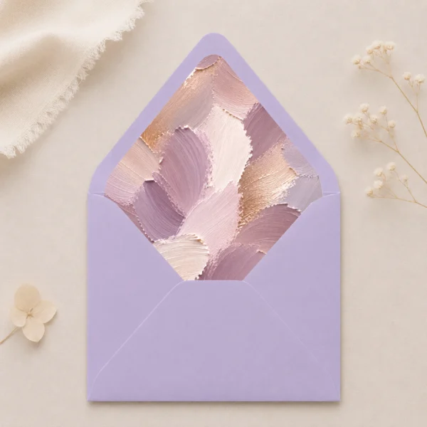 Lavendel (Lavender) envelope with the Lavender Canvas envelope liner featuring textured painterly brushstrokes in lavender, mauve, champagne, ivory, blush pink, and warm taupe, styled for elegant wedding invitations.