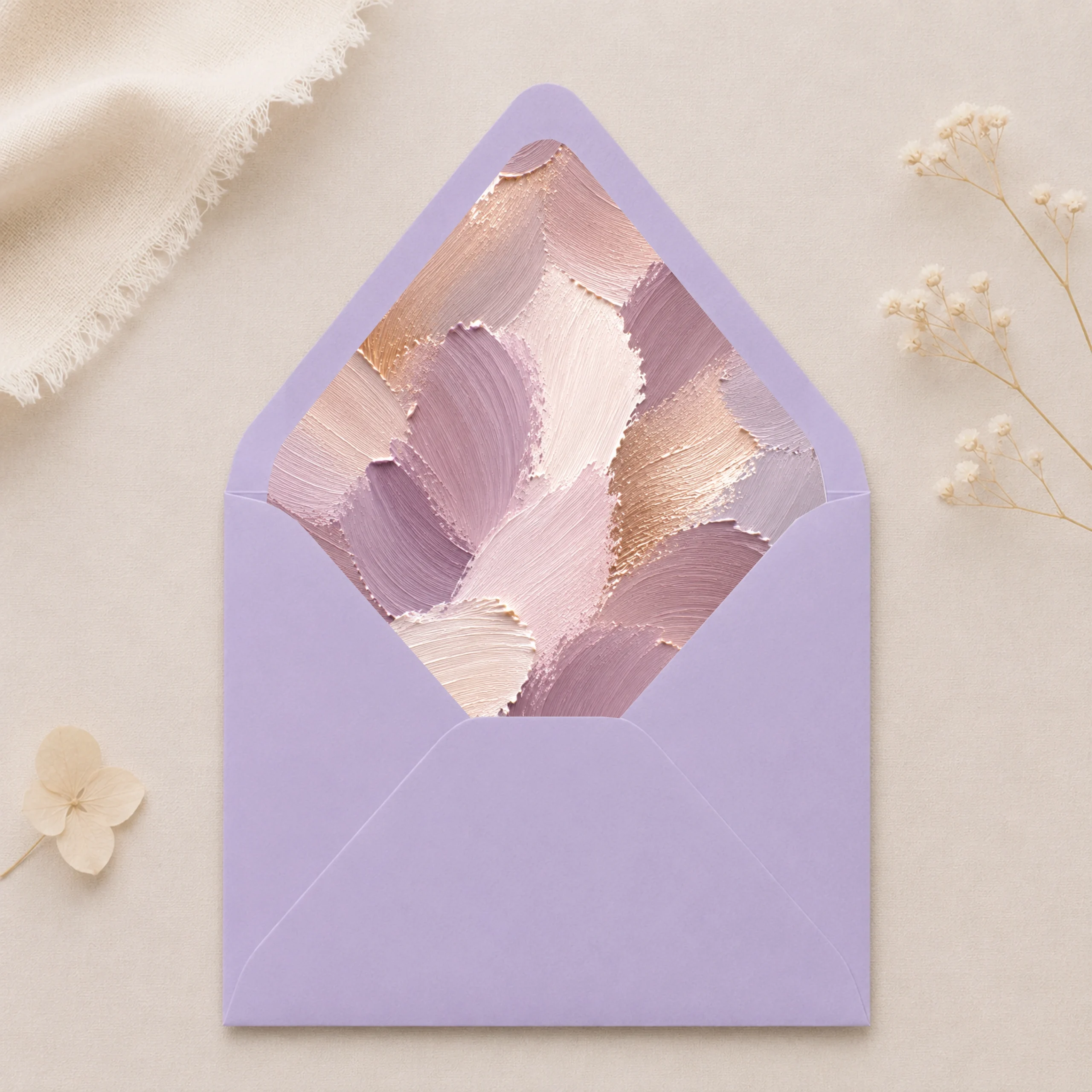 Lavendel (Lavender) envelope with the Lavender Canvas envelope liner featuring textured painterly brushstrokes in lavender, mauve, champagne, ivory, blush pink, and warm taupe, styled for elegant wedding invitations.