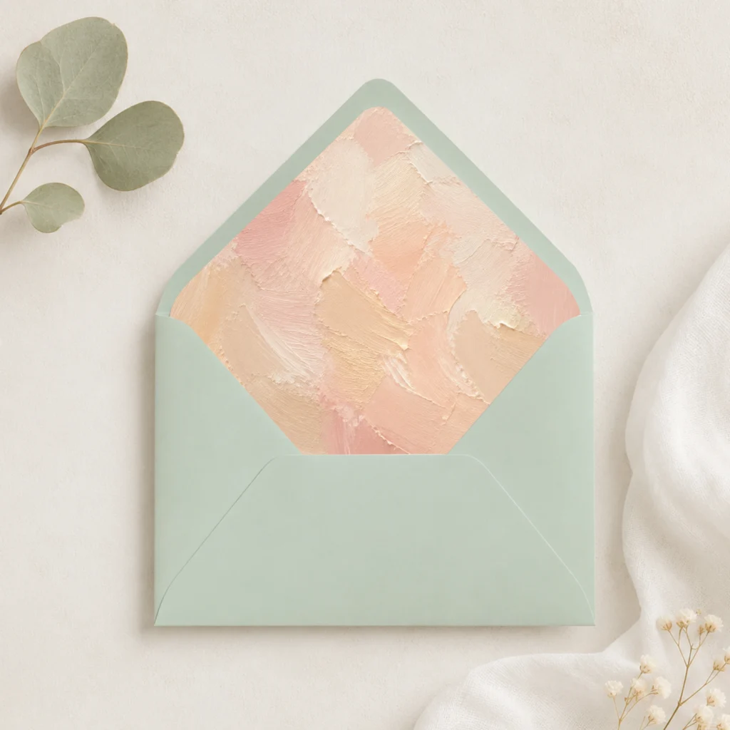 Lentegroen (Spring Green) envelope with the Champagne Canvas envelope liner featuring soft painterly brushstrokes in champagne, blush pink, ivory, and warm cream, styled for elegant wedding invitations.