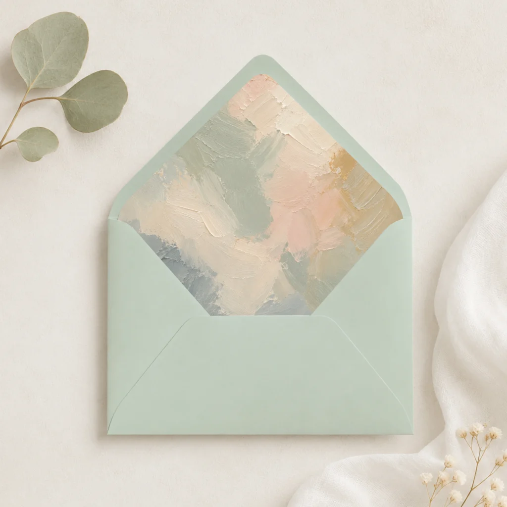 Spring Green envelope with Painter's Blush envelope liner featuring textured brushstrokes in sage green, ivory, blush, beige, muted blue, and soft gold for elegant wedding invitations.