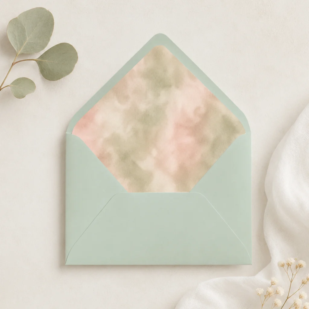 Lentegroen (Spring Green) envelope with the Sage Blush Envelope Liner Template featuring soft watercolor shades of sage green, blush pink, cream, and warm beige for elegant wedding invitations.