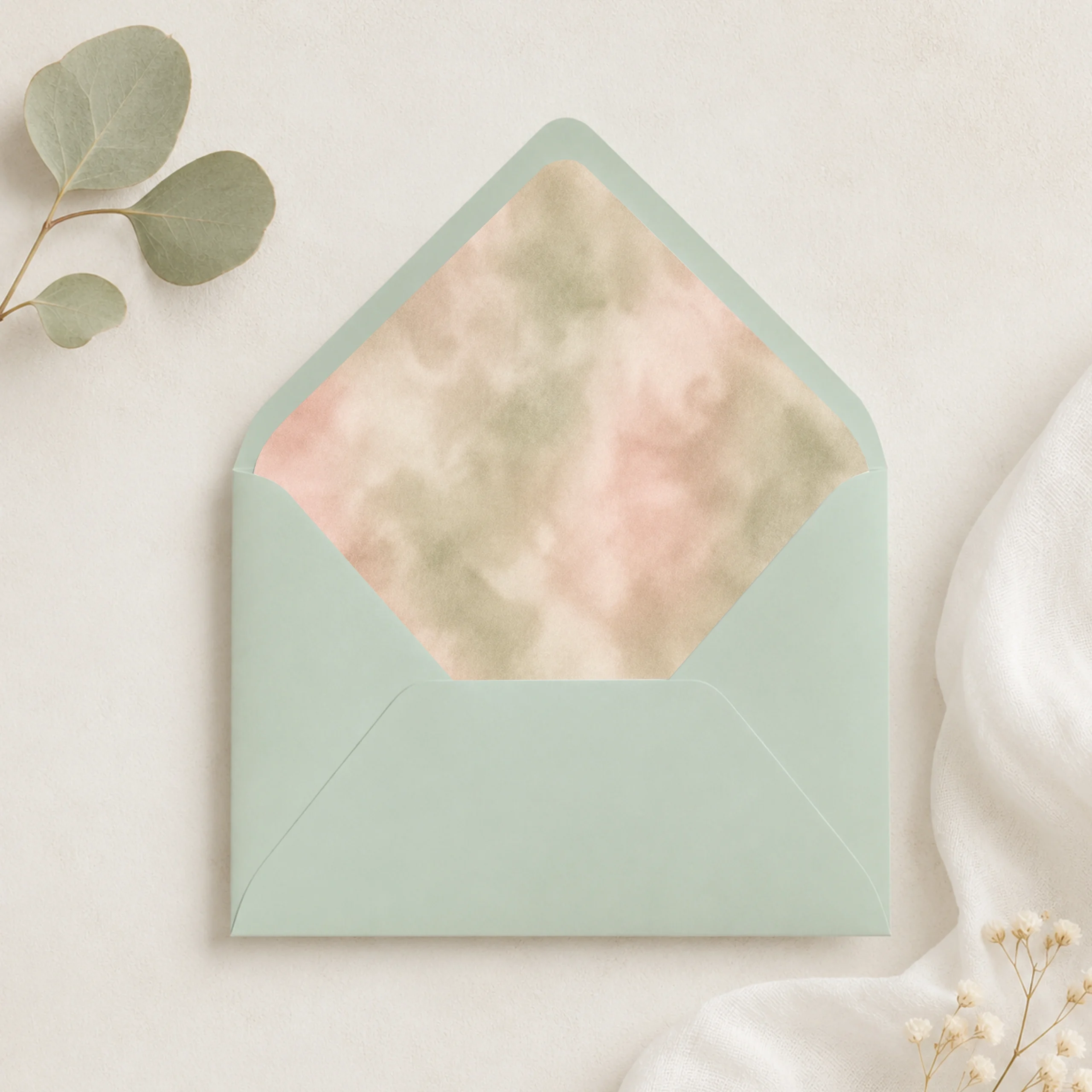Lentegroen (Spring Green) envelope with the Sage Blush Envelope Liner Template featuring soft watercolor shades of sage green, blush pink, cream, and warm beige for elegant wedding invitations.