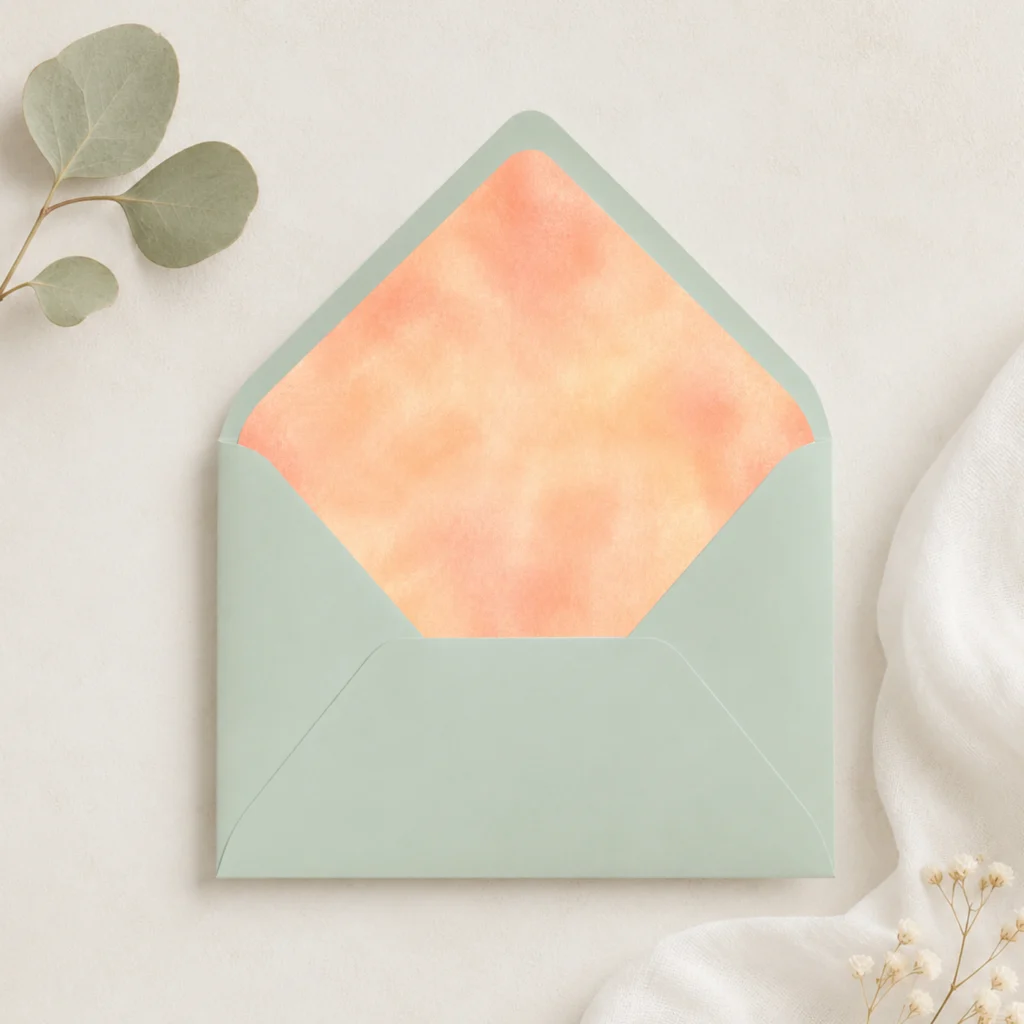 Lentegroen (Spring Green) envelope featuring the Champagne Peach Envelope Liner Template with soft peach, champagne, and watercolor tones for elegant wedding invitations.