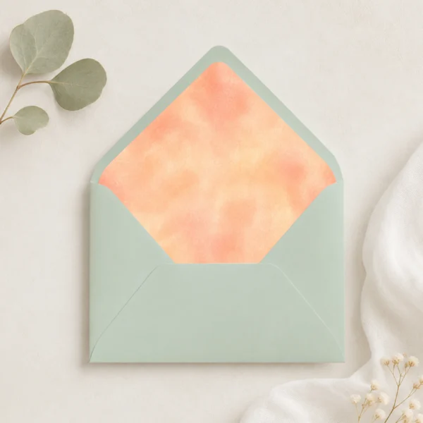 Lentegroen (Spring Green) envelope featuring the Champagne Peach Envelope Liner Template with soft peach, champagne, and watercolor tones for elegant wedding invitations.